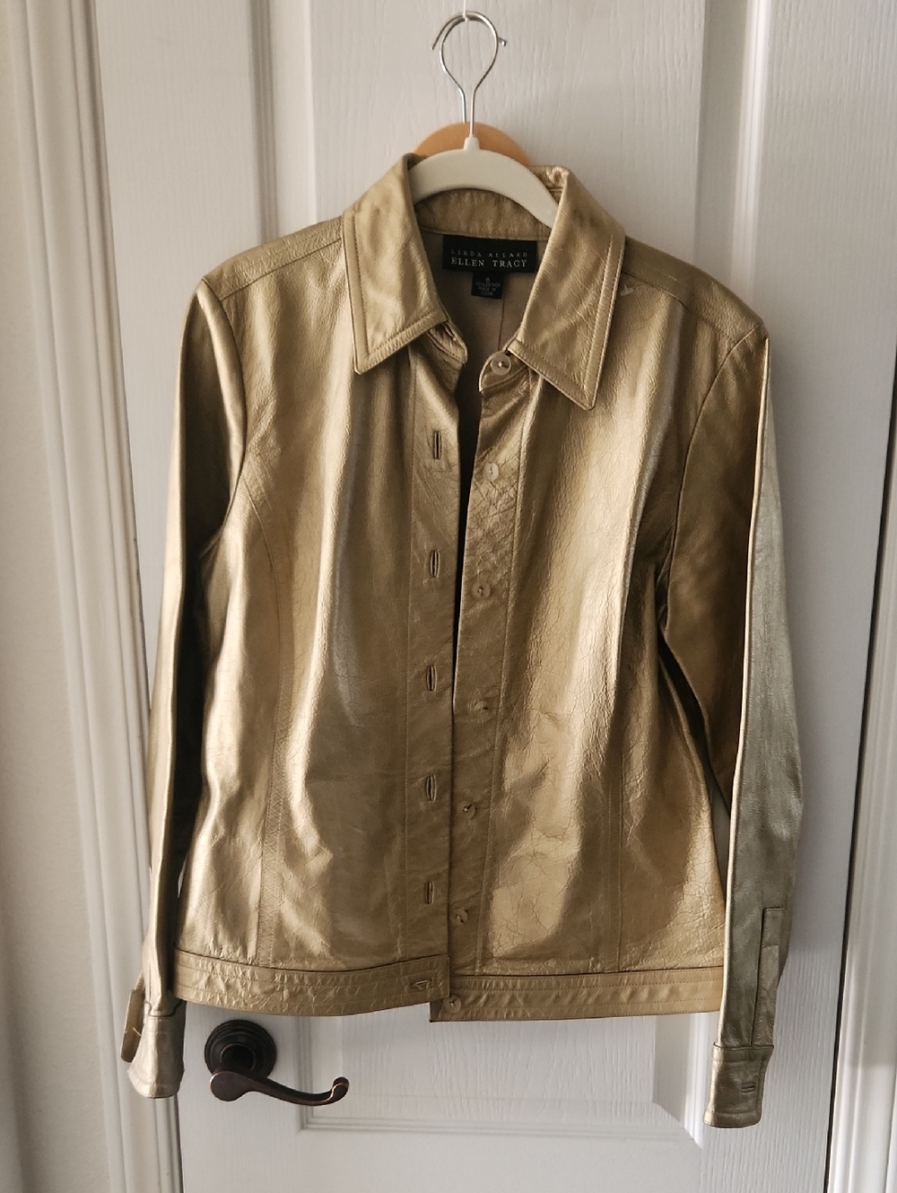 Ellen Tracy Linda Allard Shiny‎ Gold Leather Button-Front Jacket, Size 8